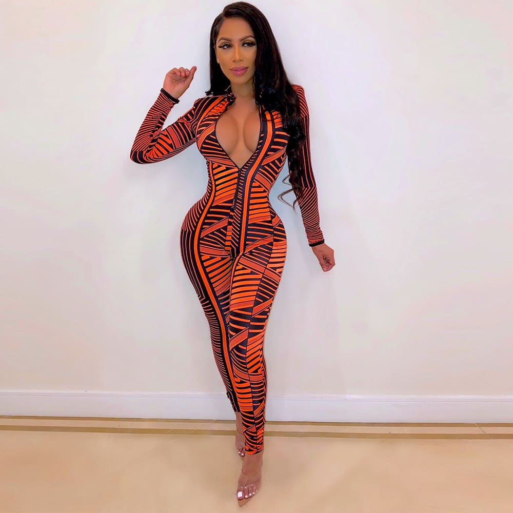 2019 New Fashion Womens Summer Long Sleeve Sexy Floral Jumpsuit Ladies Casual Zipper Slim Fit Jumpsuit Clubwear