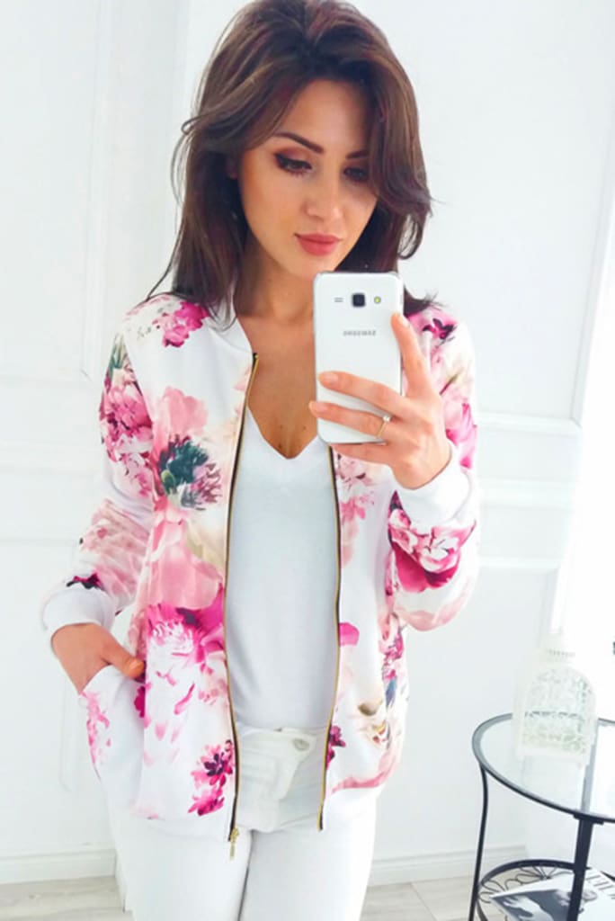 Women Ladies Retro Floral Zipper Up Bomber Long Sleeve Slim Plaid Jacket Casual Floral Zipper Up Bomber Coat Outwear