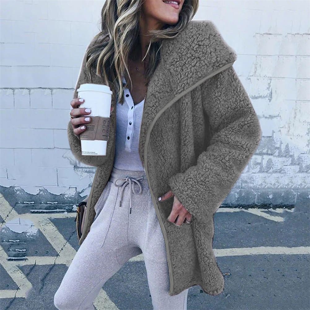 Women Lapel Loose Solid Color Jackets Ladies Casual Warm Cashmere Wool Coat Fluffy Woolen Teddy Bear Cardigan Tops