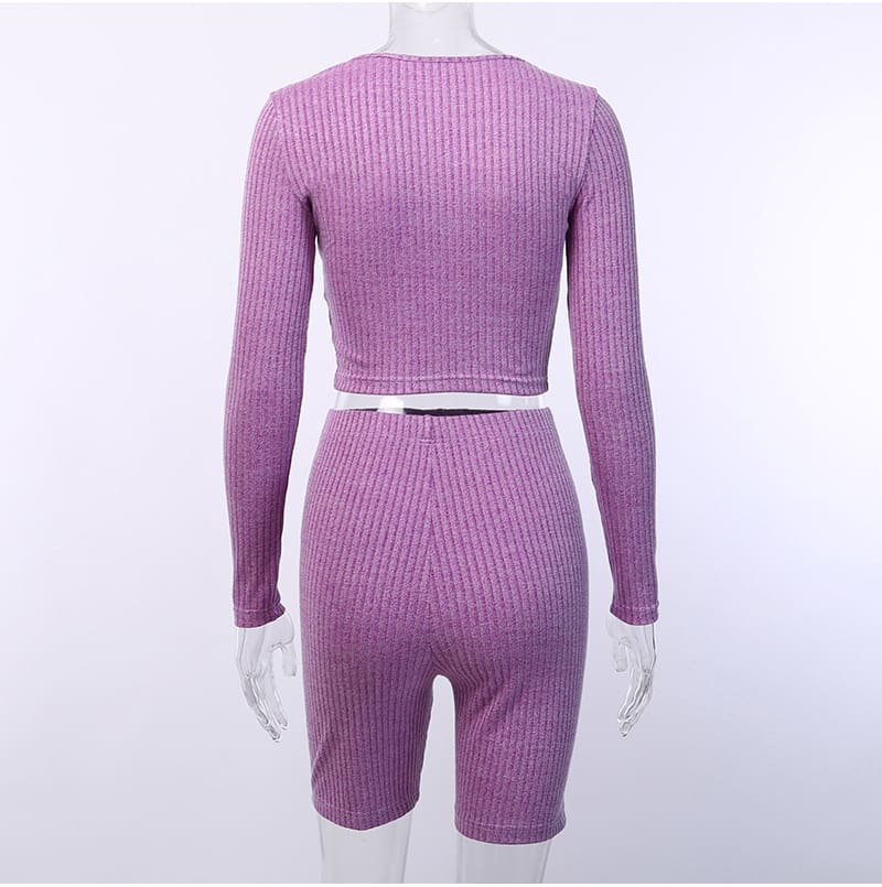 Fashion Outfits Set Women Bandage Long Sleeve Crop Top and Shorts Pants Suit Fitness Workout Sport Stretch 2 Piece Set