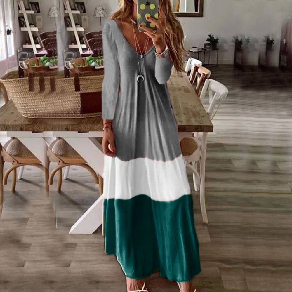 2019 New Summer Autumn Women Boho V-Neck Splice Long Party Maxi Dress Ladies Casual V neck Kaftan Beach Dress Sundress