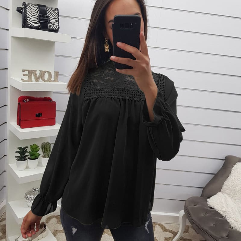 Fashion Womens Hollow Lace Long Sleeve Loose Blouse Tops Spring Casual Jumper Basic Tee Shirt Top