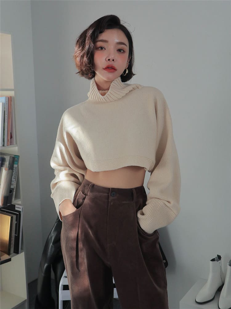 Retro Turtleneck Women Sweater Long Sleeve High Waist Knitted Pullover