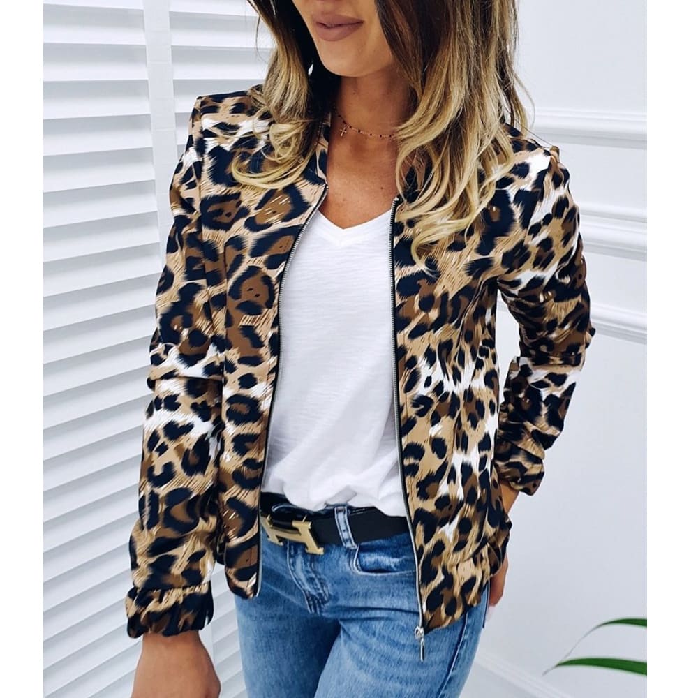 Fashion Women Long Sleeve Jacket Sweater Top Ladies Casual Leopard Print Cardigan Zipper Short Outwear Coat Jacket