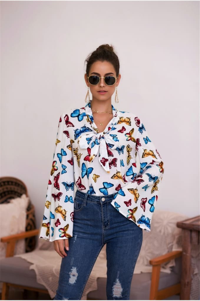 Boho Holiday Women Tops Shirt Elegant Long Sleeve Floral Shirt Ladies Long Sleeve V Neck Loose T shirt Streetwear