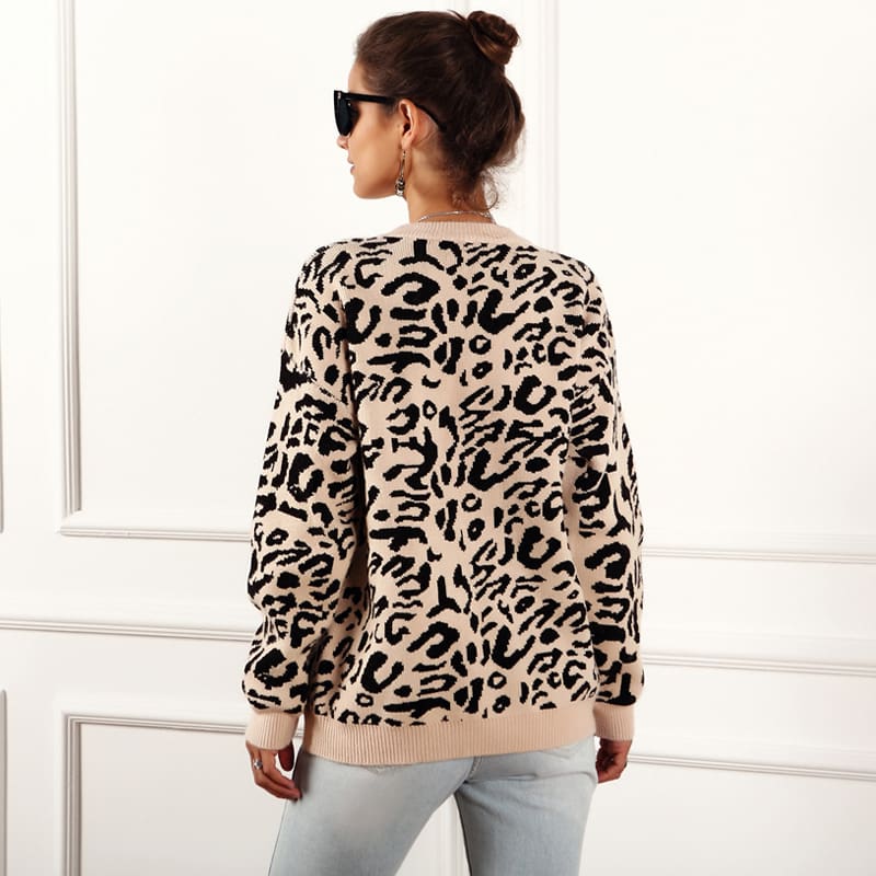 Womens Autumn Winter Sweater Long Sleeve Leopard Print Ladies Girl Knitted Jumper Pullover Tops Sweaters Streetwear