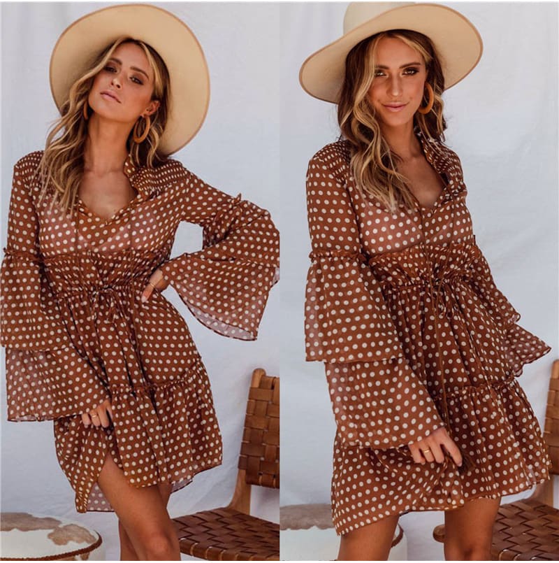 Boho Beach Holiday Vacation Sundress Women Long Sleeve Polka Dot V Neck High waist Tunic Ladies Dresses Streetwear