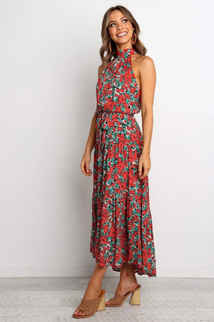 Boho Maxi Floral Dress Summer Ladies Sleeveless Halter Neck Casual Holiday Party Long Flower Dress