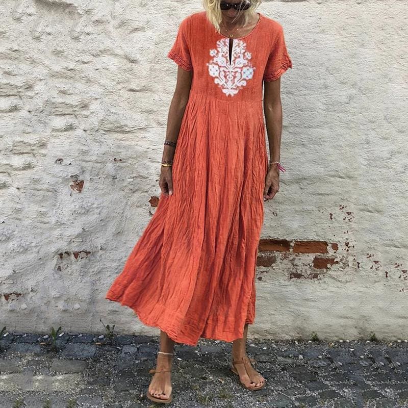 Women Peasant Ethnic Boho Cotton Linen Long Sleeve Maxi Dress Gypsy Blouse Shirt Casual Kaftan Tunic Long Maxi Sundress