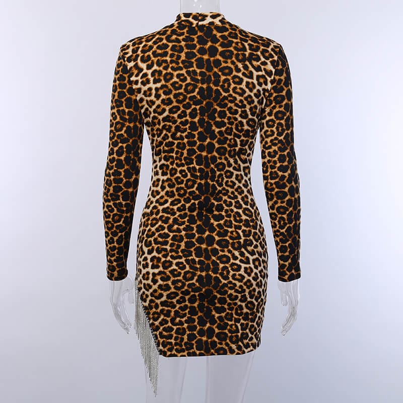 Women Long Sleeve Turtleneck Leopard Dress Diamond Tassel Evening Party Bodycon Dress