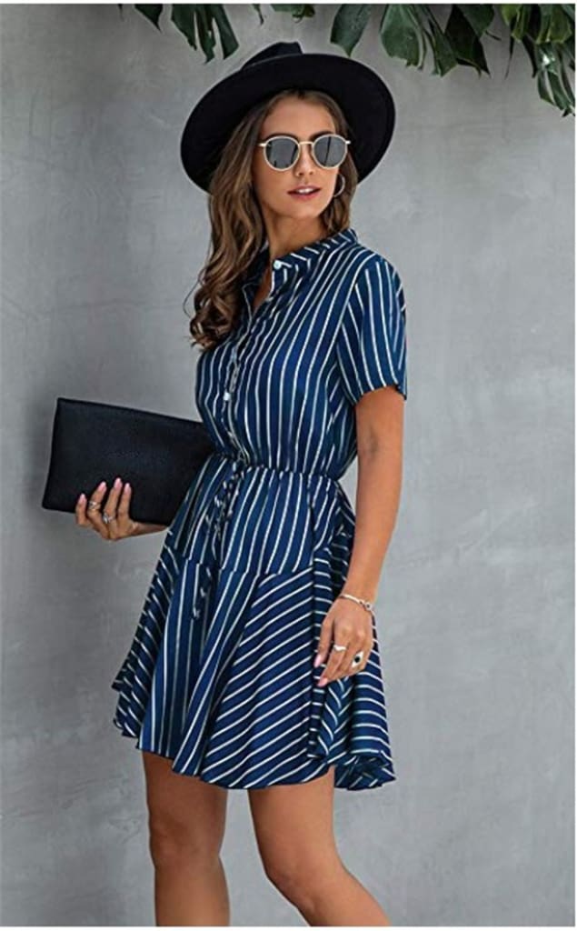 Fashion Women Short Sleeve Stripe T Shirt Dress Elegant High Waist Loose Summer Dress Ladies Office Lady OL Dersses Streetwear