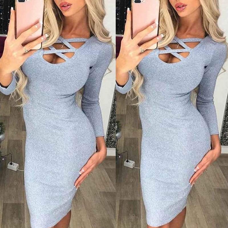 Fashion Glitter Sequin Evening Dress Hollow Out Bodycon Sexy Women Clubwear Wrap Party Slim Fit Formal Dress