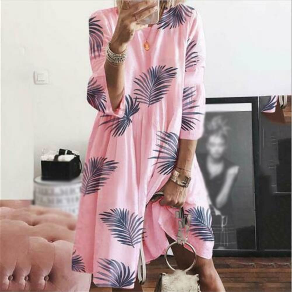 Summer Womens Boho Loose Print Beach Dresses Casual Ladies Three Quarter Sleeve Holiday Party Dress Sundress