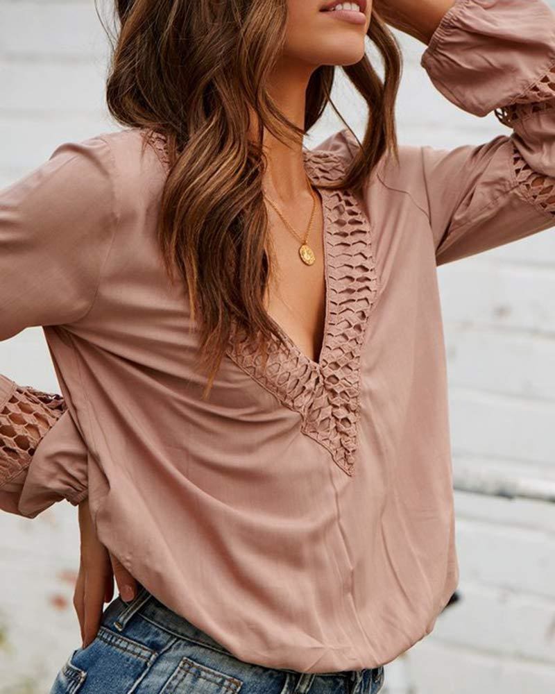 Women Long Sleeve Blouse Shirt Casual Ladies V neck Lace Hollow Out Office Shirts Tops Pullover Tops Streetwear