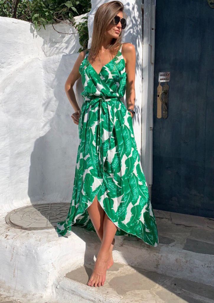 Fashion Women Leaf print casual beach Bohemian Mid dress Ladies V neck Sleeveless Summer Boho dress vestidos