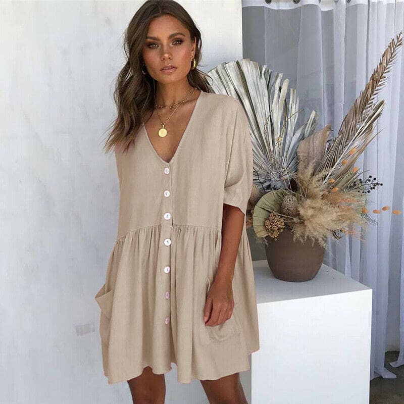 Women Ladies Holiday Short Sleeve Loose Button Pocket Dresses Summer Beach Mini Swing Sun Dress Tops