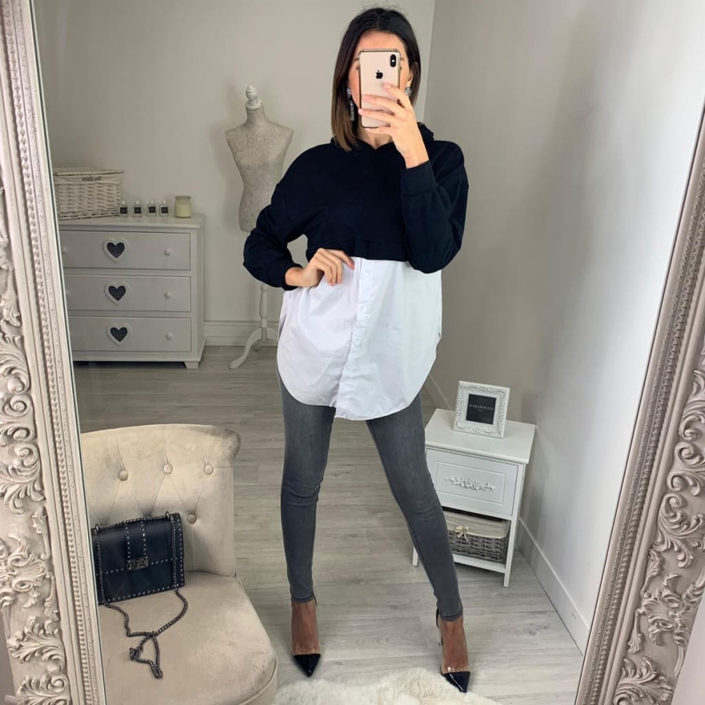 Fashion Women Ladies Long Sleeve Stitching Shirt Tops Hooded Casual Autumn Loose Button Blouse Shirt 2019