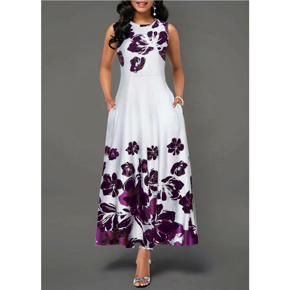 Large Size Elegant Womens Floral Print Long Maxi Dress Evening Party Beach Dress Summer Sleeveless Long Flower Sundress Costume