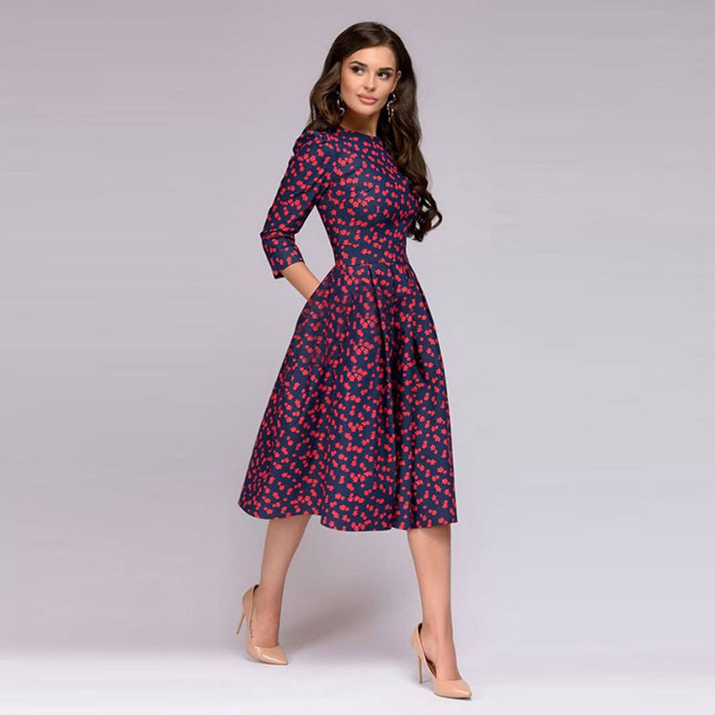 Vintage pleated tunic print dress women Elegant ladies A line dresses Long sleeve female autumn mixi party dress vestidos