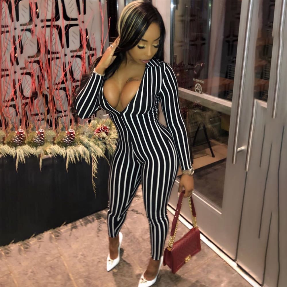 Women Long Sleeve Striped Jumpsuit Romper Ladies Slim Fit Casual Clubwear Wide Leg Long Pants Outfits