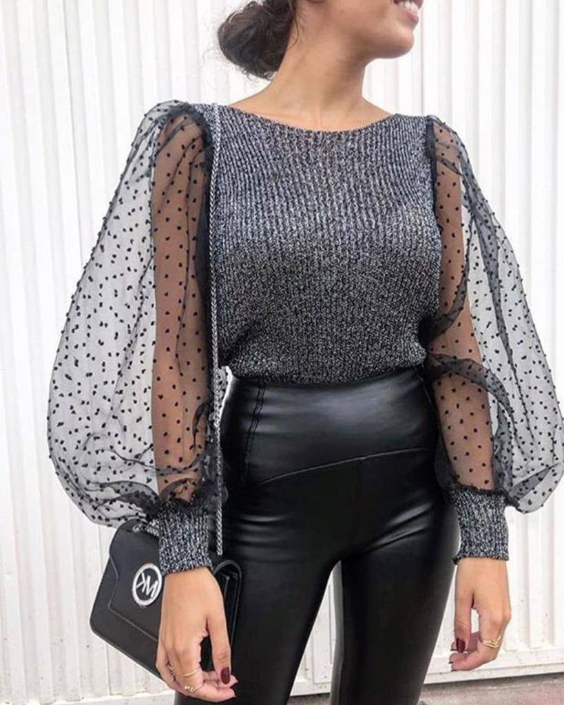 Women Mesh Long Sleeve Knitwear See-through Puff Sleeve Autumn Winter Lady Casual Knitted Tops Jumper Blouse Shirt