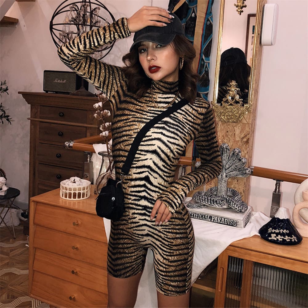 New Women Leopard Print Clubwear Summer Autumn Long Sleeve Playsuit Bodycon Party Slim Jumpsuit Romper Trousers Shorts