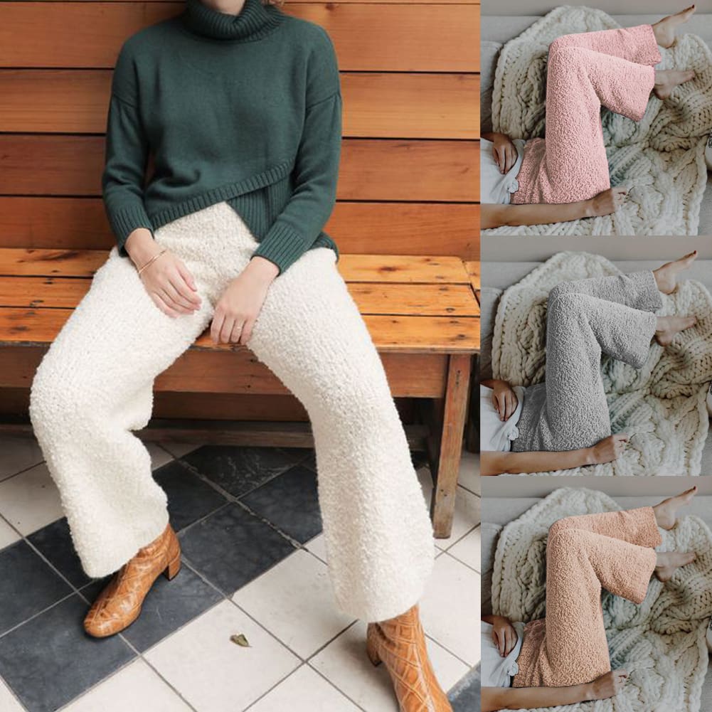 Women Loose Wide-legged Casual Home Fleece Pants Trousers Warm Nightwear Winter Bottoms Flannel Sleepwear Pants