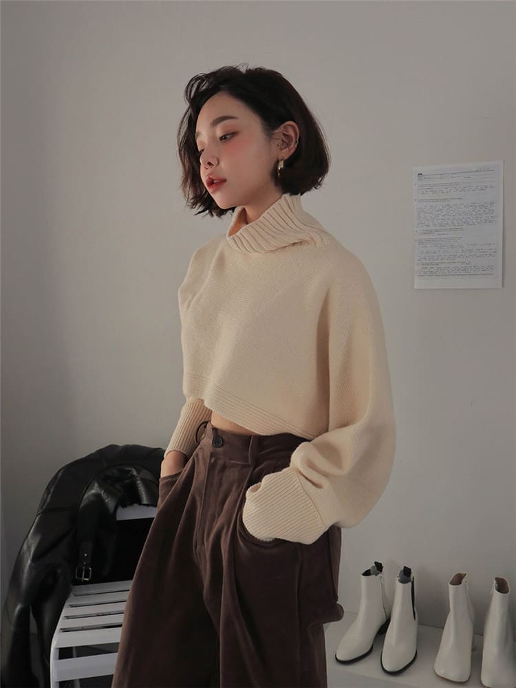 Retro Turtleneck Women Sweater Long Sleeve High Waist Knitted Pullover