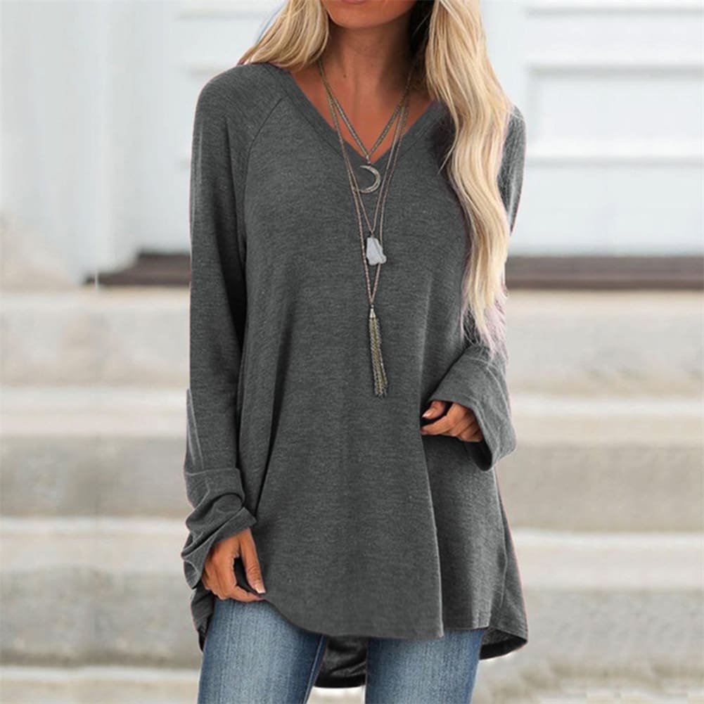 Autumn Women Ladies Tee Shirt Loose Blouse V-neck Shirt Long Sleeve Casual Jumper Pullover Tops Plus Size L-5XL