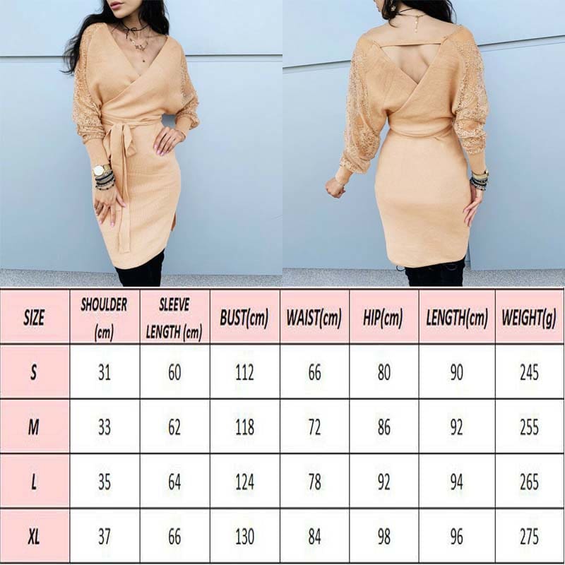 Women Elegant Knitted Pencil Dress New Woolen Split Dress Lace Long Sleeve V Neck Party Clubwear Belt Autumn Winter Lady