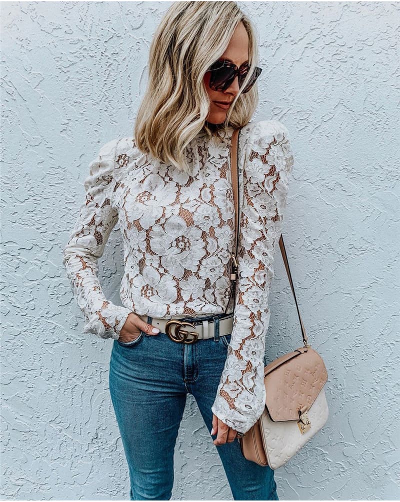 Fashion Boho Beach Floral Women Tops Elegant Ladies Long Sleeve Hollow out Lace Shirt Floral Casual Streetwear