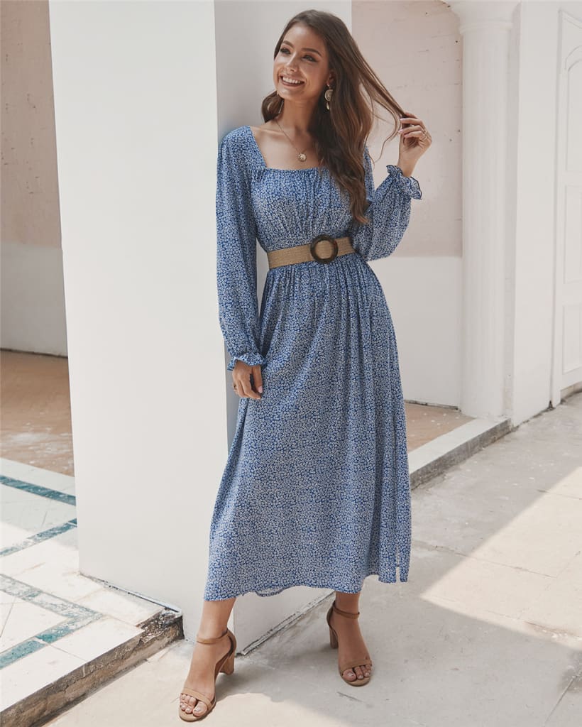 2019 Fashion Trend Women Ladies Long Sleeve Square neck Autumn Dress Floral Autumn Pre-fall Holiday Long Maxi Dress