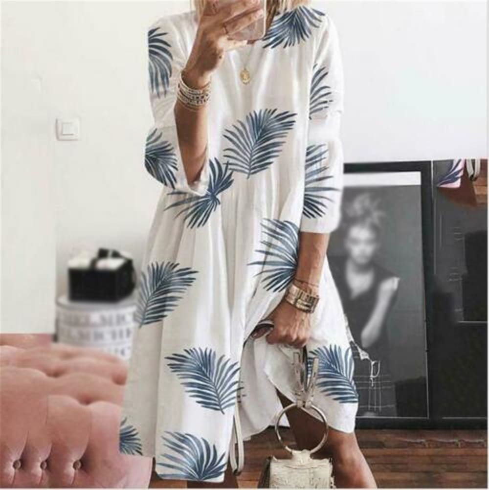 Summer Womens Boho Loose Print Beach Dresses Casual Ladies Three Quarter Sleeve Holiday Party Dress Sundress