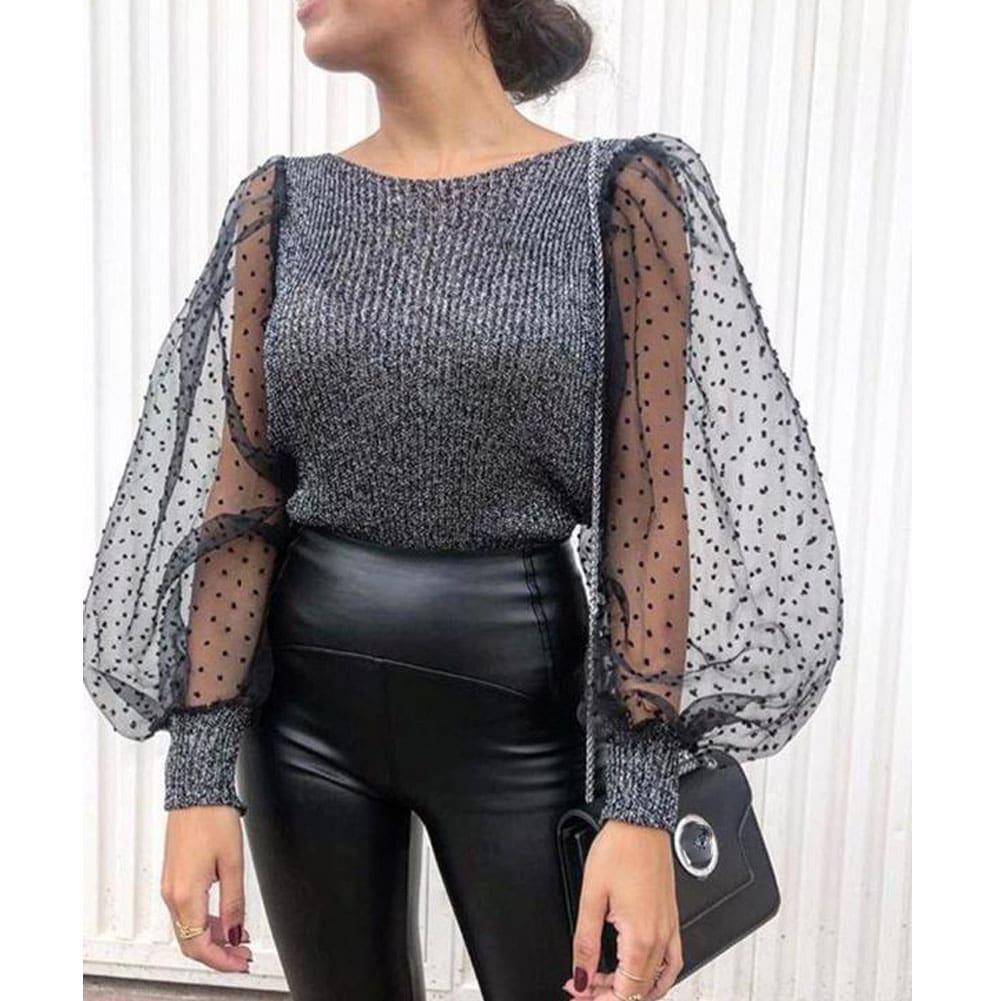 Women Mesh Long Sleeve Knitwear See-through Puff Sleeve Autumn Winter Lady Casual Knitted Tops Jumper Blouse Shirt