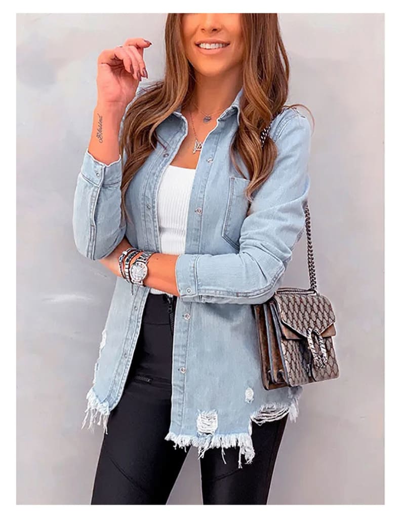 New Fashion Autumn Womens Hole Patch Denim Ripped Jeans Distressed Denim Long Sleeve Jacket Coat Outwear Streetwear