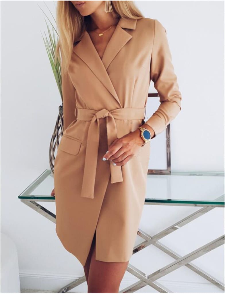 Womens Cardigan Elegant Long Sleeve Basic Lapel Blazer Solid Color Slim Fit Long Jacket Coat Suit with Belt