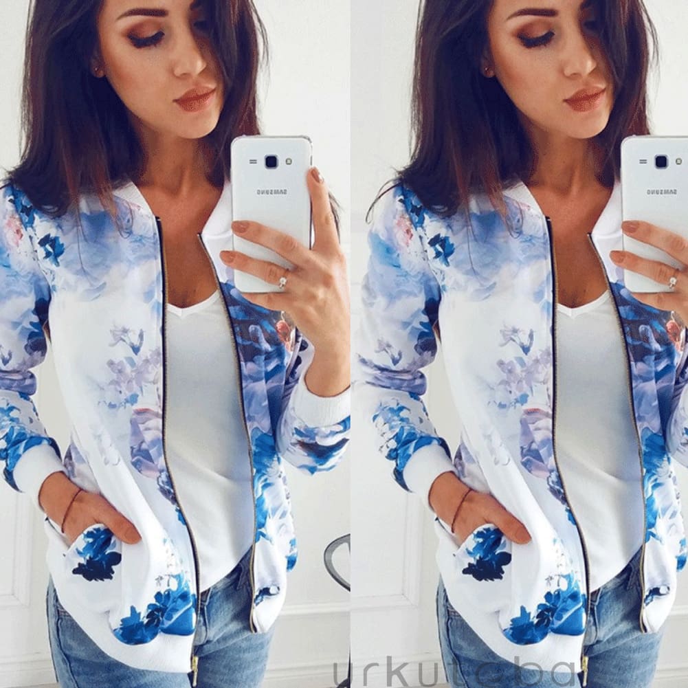 Women Ladies Retro Floral Zipper Up Bomber Long Sleeve Slim Plaid Jacket Casual Floral Zipper Up Bomber Coat Outwear