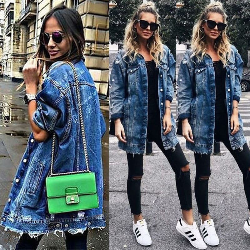 2019 Hot Fashion Womens Button Hole Patch Denim Pocket Loose Ripped Jeans Long Jacket Coat Outwear Streetwear