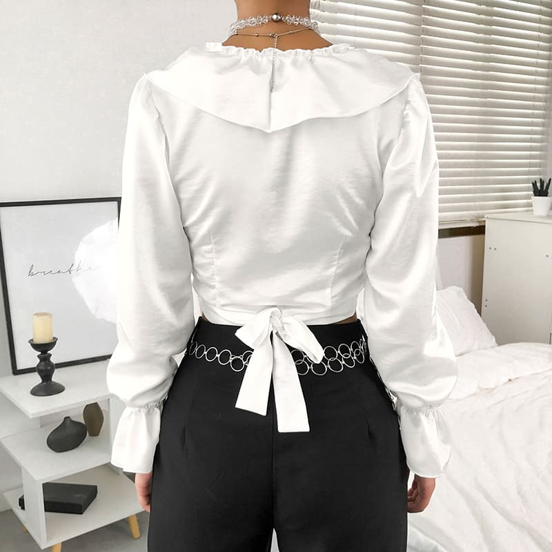 2019 Fashion Women Ladies Glossy V-Neck Ruffle Long Sleeve Blouse Tops Casual Crop Top Shirt Outwear Streetwear