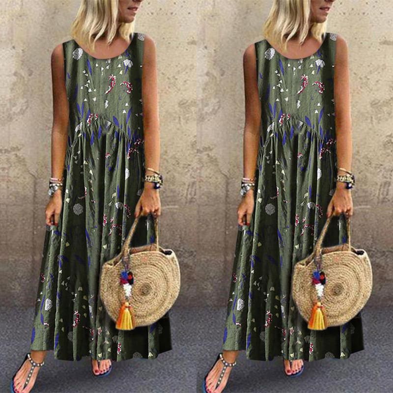 Women Boho Floral Long Maxi Dresses Ladies Sleeveless Loose Summer Casual O Neck Party Maxi Dress Sundress