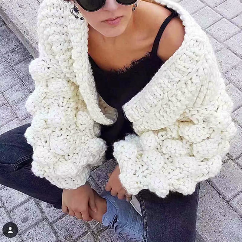 Women Knitted Cardigan Puff Sleeve Loose Sweater Ladies Autumn Winter Warm Casual Outwear Coat Tops