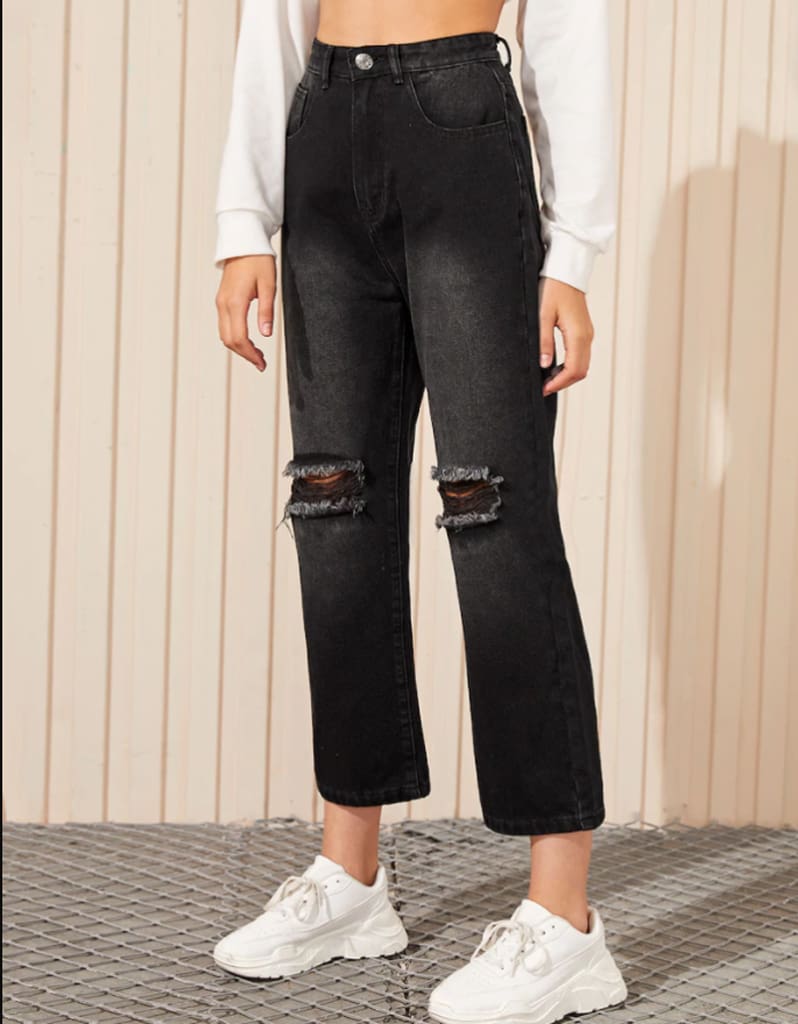 Women Black Destroyed Ripped Hole Casual Jeans Straight Wide Leg Denim Trousers Ladies High Waist Long Jeans Pants