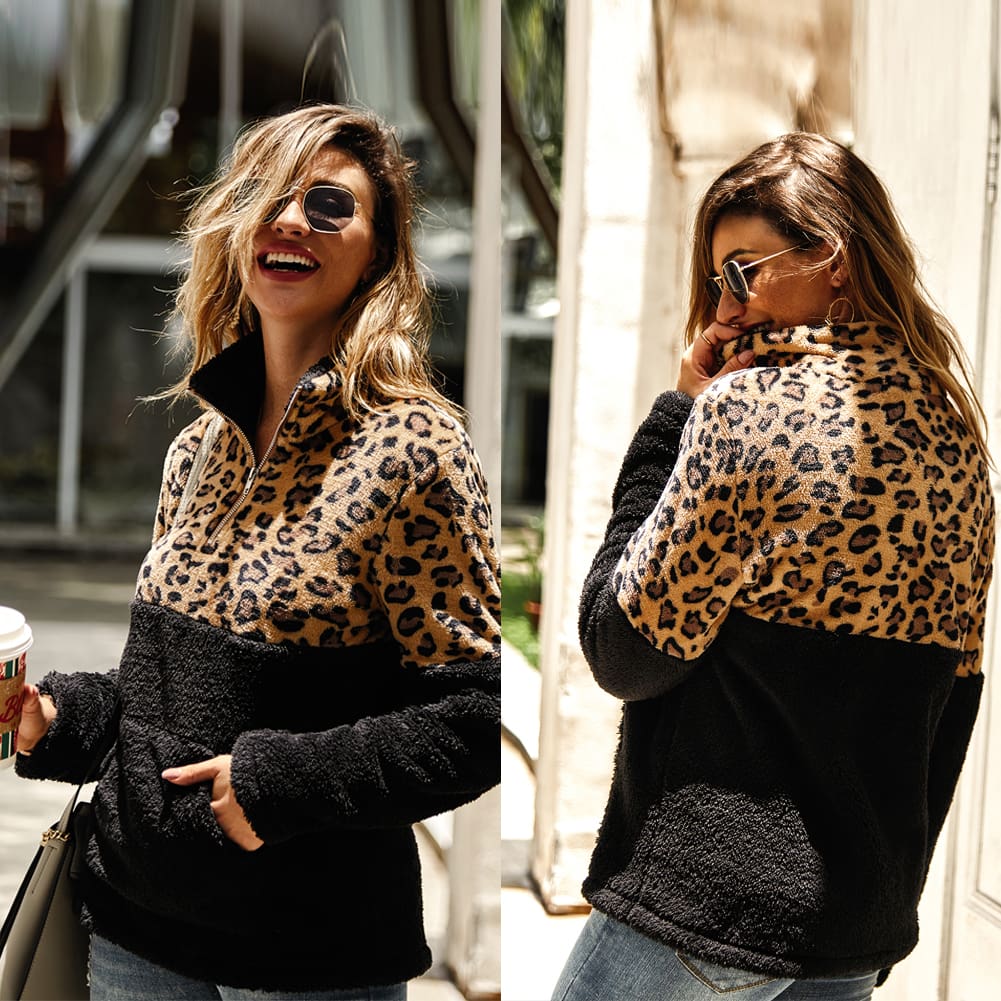 Women Long Sleeve Fleece Loose Winter Warm Coat Casual Jumper Pullover Tops Leopard Women Jacket Casual Outerwear