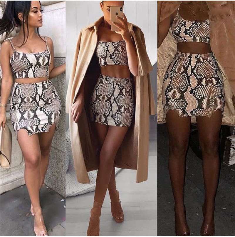 Fashion Ladies Snake Print Two Piece Set Streetwear Women Summer Sleeveless Bandage Crop Top Skirt set Party Club Outfit Set