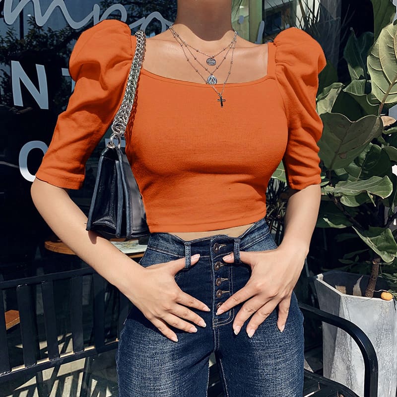 Fashion Women Puff Short Sleeve Plain Blouse Shirt Pullover Spring Summer Ladies Casual Slim Jumper Tops Tee