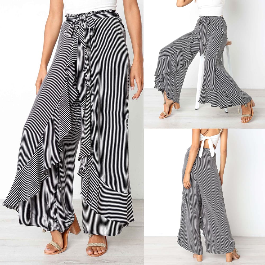 New Women Striped Baggy Harem Pants Hippie Wide Leg Gypsy Boho Long Palazzo Bow Tie High Wais Ruffle Loose Trouser