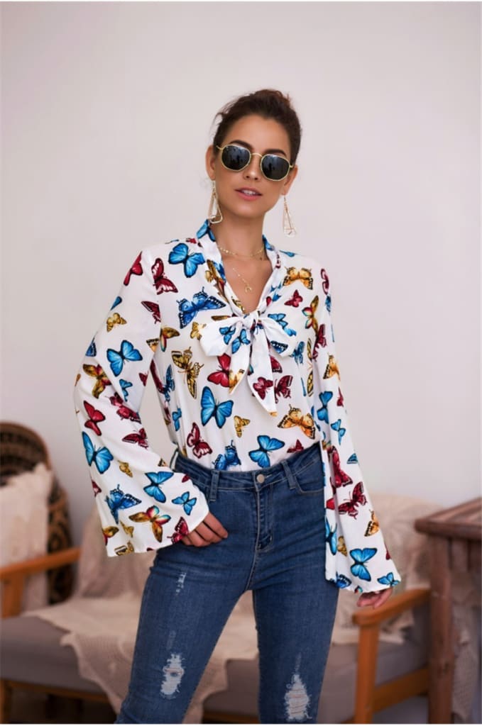 Boho Holiday Women Tops Shirt Elegant Long Sleeve Floral Shirt Ladies Long Sleeve V Neck Loose T shirt Streetwear