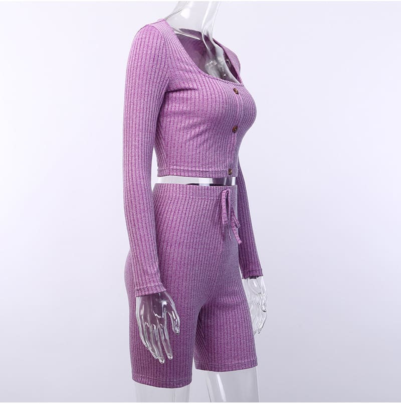 Fashion Outfits Set Women Bandage Long Sleeve Crop Top and Shorts Pants Suit Fitness Workout Sport Stretch 2 Piece Set