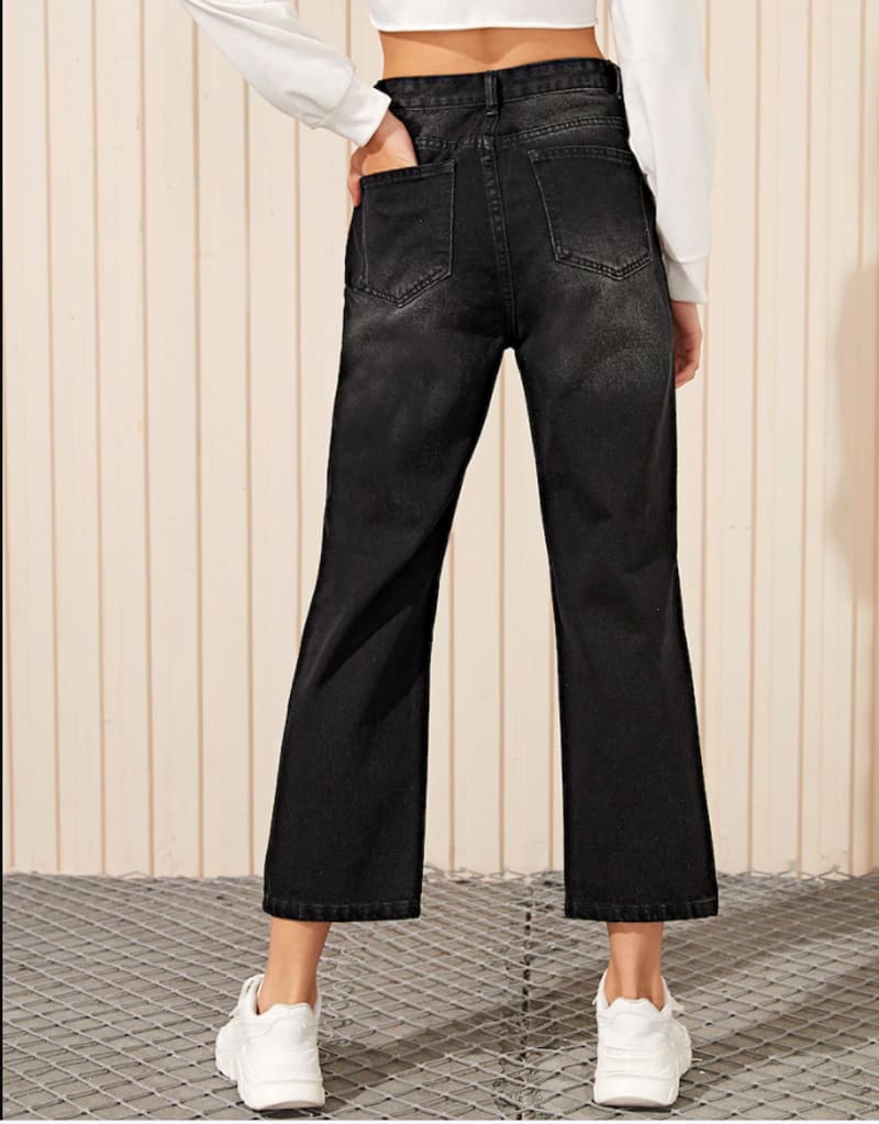 Women Black Destroyed Ripped Hole Casual Jeans Straight Wide Leg Denim Trousers Ladies High Waist Long Jeans Pants
