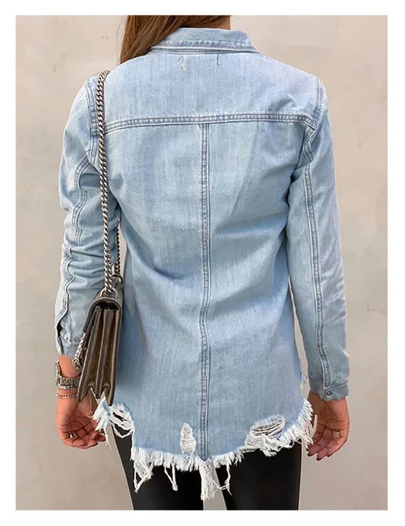 New Fashion Autumn Womens Hole Patch Denim Ripped Jeans Distressed Denim Long Sleeve Jacket Coat Outwear Streetwear